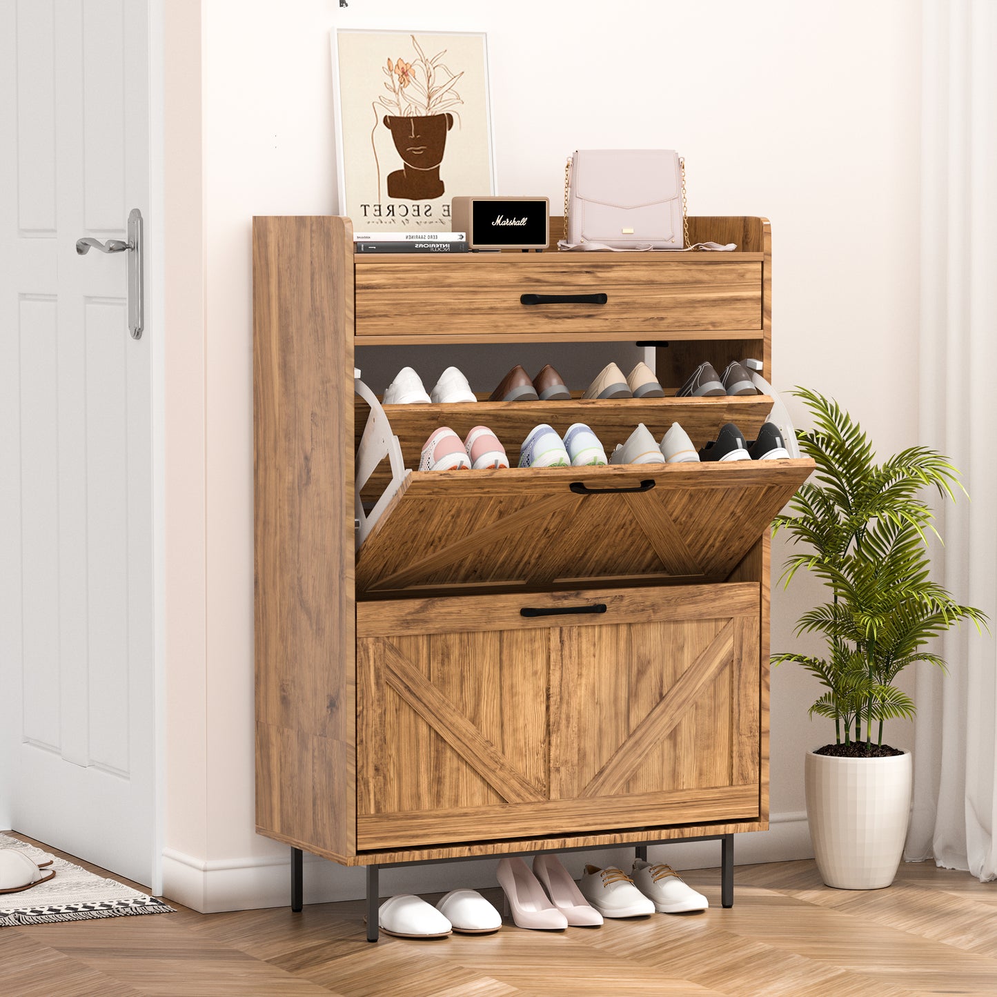 Nifamembo Shoe Cabinet with 2 Flip Drawers, Freestanding Shoe Organizer with Drawer for Entryway