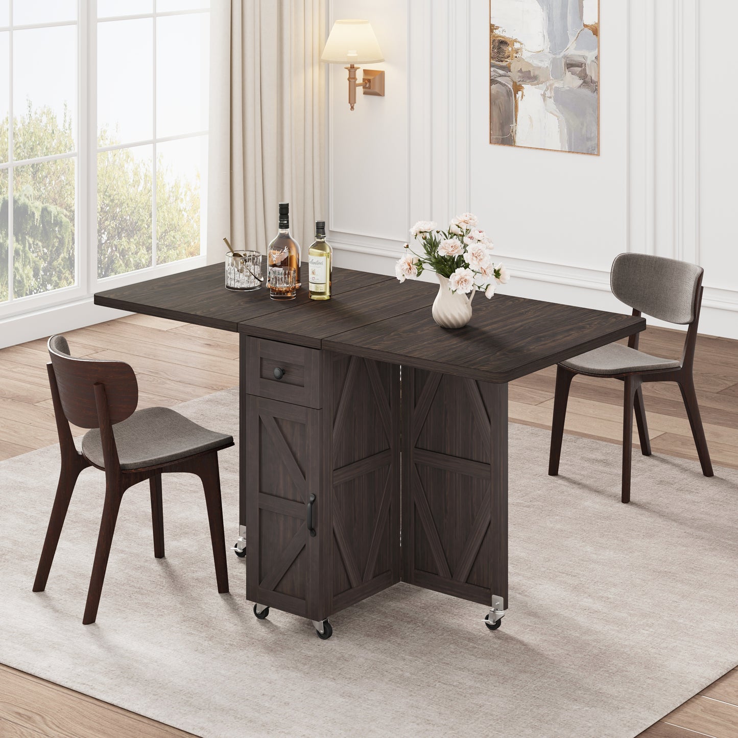 Anyact Folding Dining Table, Space Saving Dining Room Table, Folding Kitchen Table, Dark Walnut