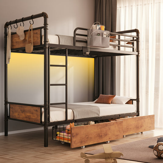 Hijob Metal Twin over Twin Size Bunk Bed with 2 Storage Drawers and USB Charging Station, Vintage Brown