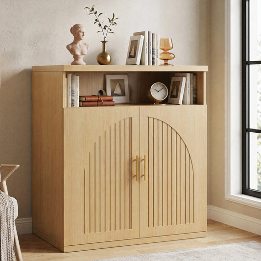 Hijob Modern 2 Door Sideboard, 31" Width Sideboard Cabinet with Metal Handle w/Curved Profile Design, Open Shelf Sideboard Wood Mid Century Vertical Sideboard w/Natural Texture for Living Room
