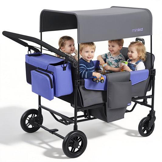 Minikid 4 Seater Wagon Stroller with Canopy,5-Point Harness,Adjustable Handlebars for Baby Toddlers,Gray