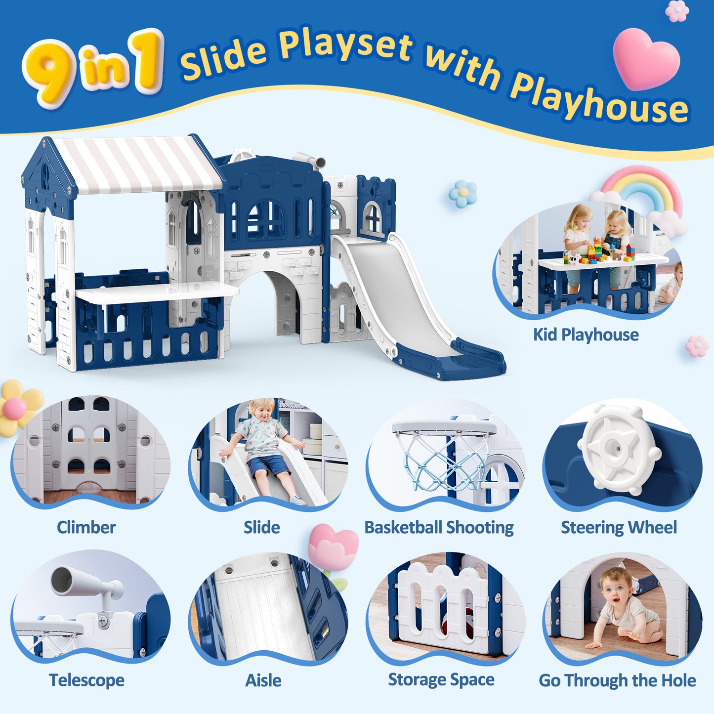 WFUN 9 in 1 Indoor Infant Toddler Playground Slides Playset for Backyard Home, Blue & Gray