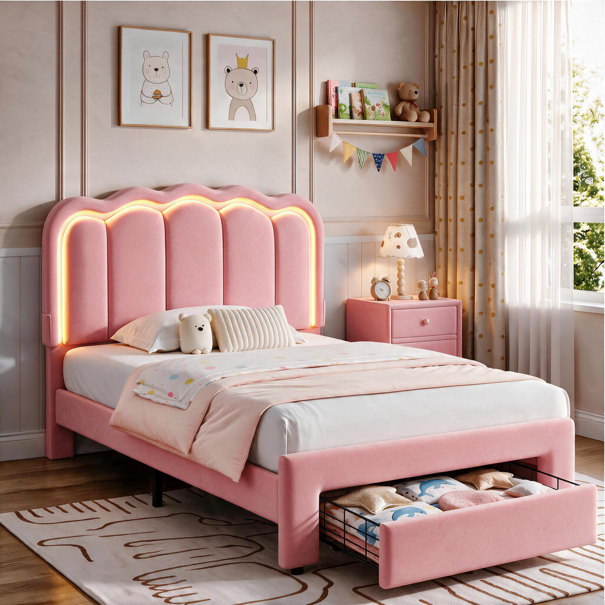 Hijob Twin Size LED Bed Frame with Storage Drawers, Velvet Upholstered Platform Bed with Adjustable Headboard, No Box Spring Needed, Pink