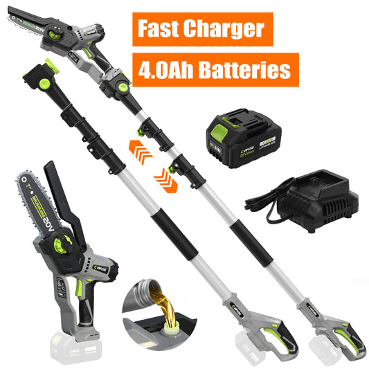 Vipuse 2-in-1 Cordless Pole Saw with 4.0Ah Rechargeable Batteries and 2.0Ah Fast Charger,16ft Max Extension,7 inch Mini Brushless Chainsaws for Tree Trimming