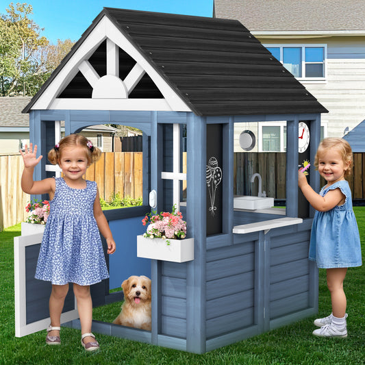 Skyhot Wooden Playhouse for Kids 2-6 Years Old, Country Cottage Featuring Windows, Flower Pot, blackboard, clock and with Ringing Doorbell, Play House for Outdoor Garden, Fir Wood Playhouse