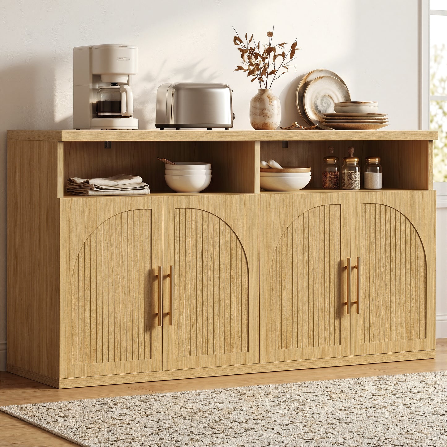 Hijob Modern Fluted Sideboard Cabinet, 63" Width Sideboard with Metal Handle w/Curved Profile Design, Open Shelf Sideboard, Natural Oak