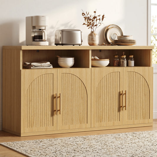 Hijob Modern Fluted Sideboard Cabinet, 63" Width Sideboard with Metal Handle w/Curved Profile Design, Open Shelf Sideboard, Natural Oak