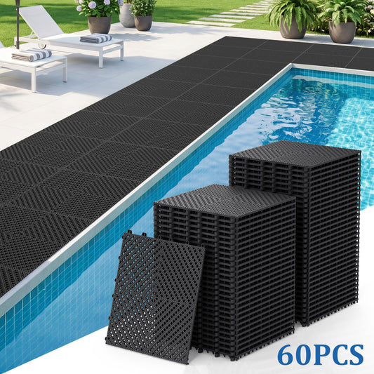 Vipuse 60PCS Interlocking Tile Cushion,12" x 12" Drainage Floor Mats, Soft PVC Non-Slip Tiles with Drainage Holes for Wet Areas like Bathrooms, Kitchens, Pools, and Restrooms, Black
