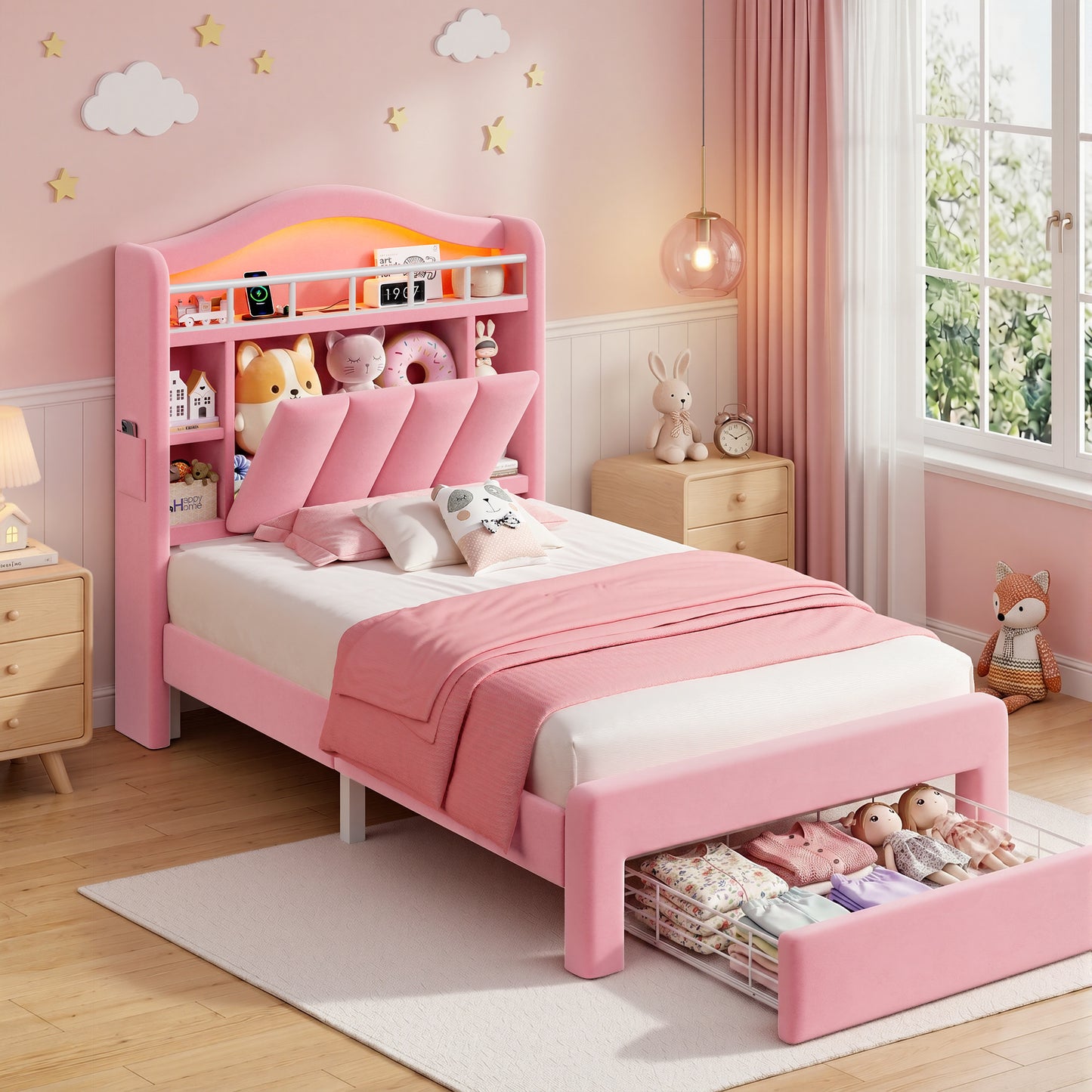Hijob Pink Velvet Upholstered Platform Twin Size LED Bed Frame with Drawer Adjustable Lighted Headboard for Girls Kid's Bedroom