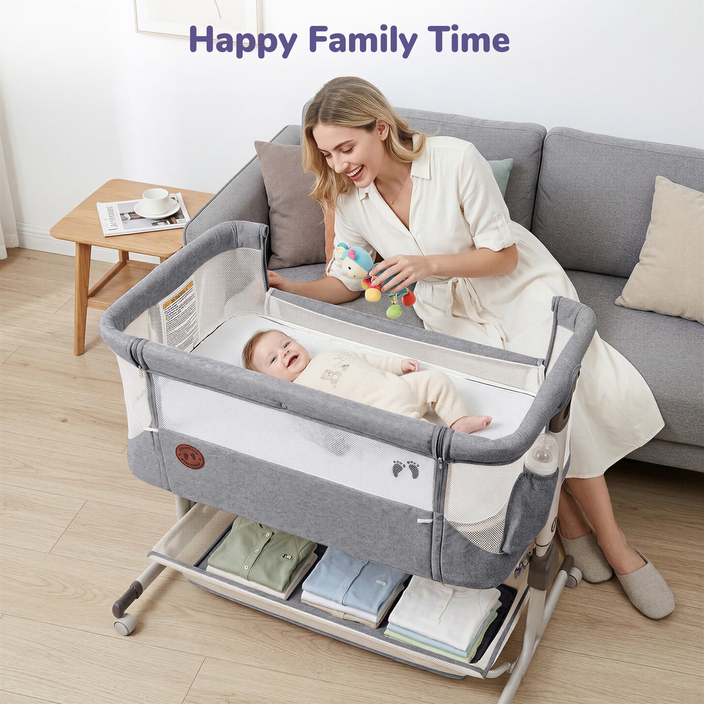 Minikid 3-in-1 Baby Bassinet Bedside Sleeper, 6 Height Adjustments, Full Mesh Breathable, Portable Newborn Baby Crib with Storage Basket,Dark Gray