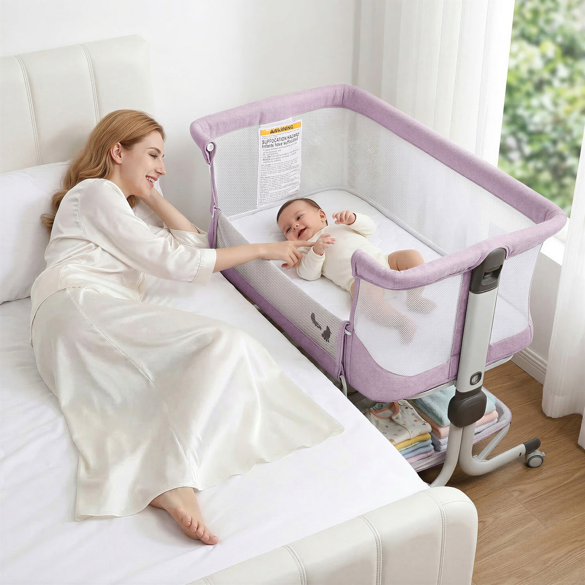 Vipuse 3-in-1 Baby Bassinet Bedside Sleeper, 6 Height Adjustments, Full Mesh Breathable, Portable Newborn Baby Crib with Storage Basket, Pinkish Purple