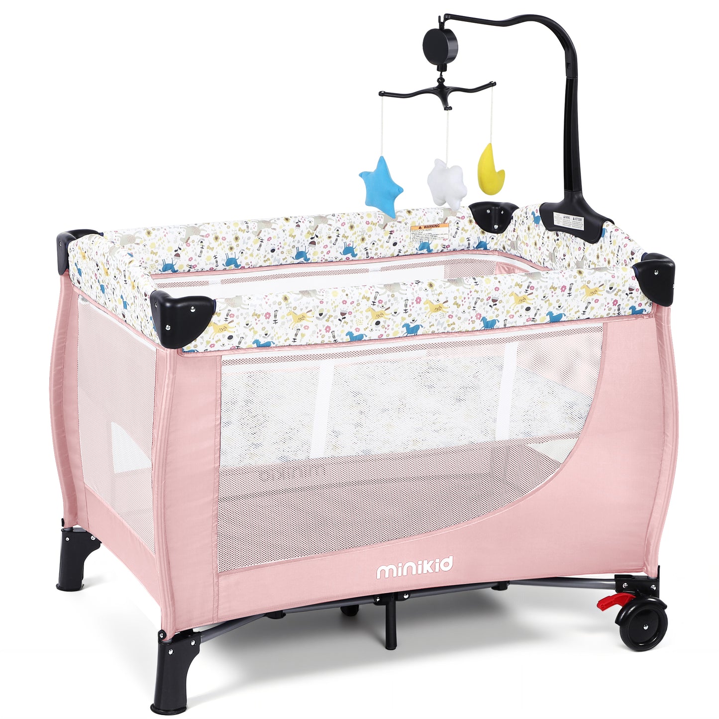 Minikid Baby Playard with Bassinet,Unisex Playpen Include Music Box and Hanging Toys,Portable Crib for Newborn to Toddlers,Pink