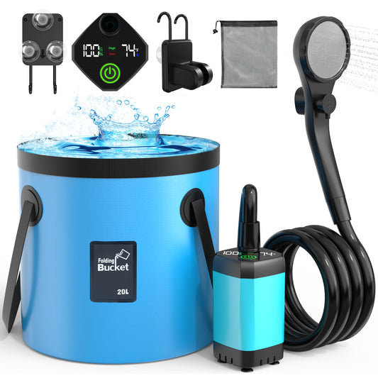 Vipuse 7800mAh Battery Powered Portable Bath Shower Kit with Foldable 5 Gallon Bucket for Hiking/Travel/Car/Pet Washing