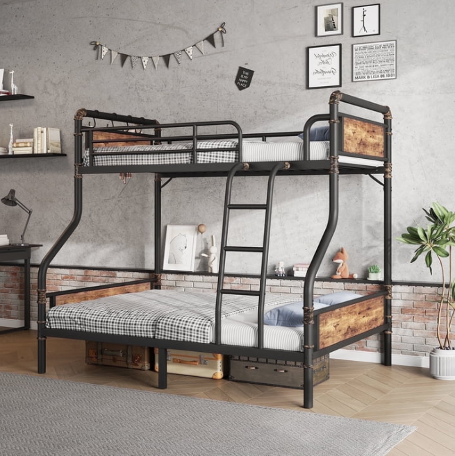 Hijob Twin over Full Bunk Bed, Antique Heavy Duty Metal Bed Frame with Storage Bag&Hooks for Adults Teens, Convertible into 2 Seperate Beds, Black&Brown