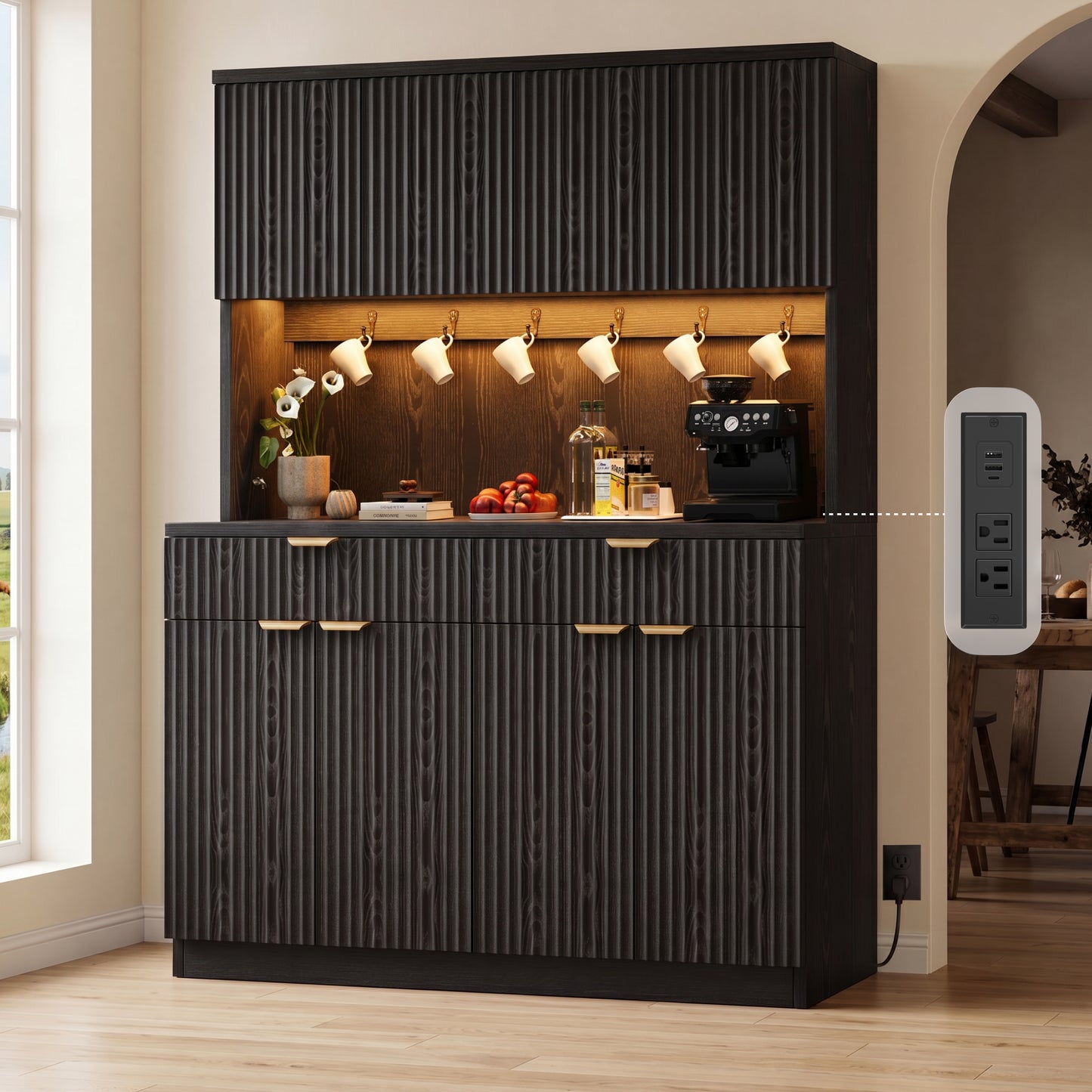 HiJob 71'' Fluted Kitchen Pantry Storage Cabinet  Black, 4door