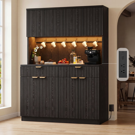 HiJob 71'' Fluted Kitchen Pantry Storage Cabinet  Black, 4door