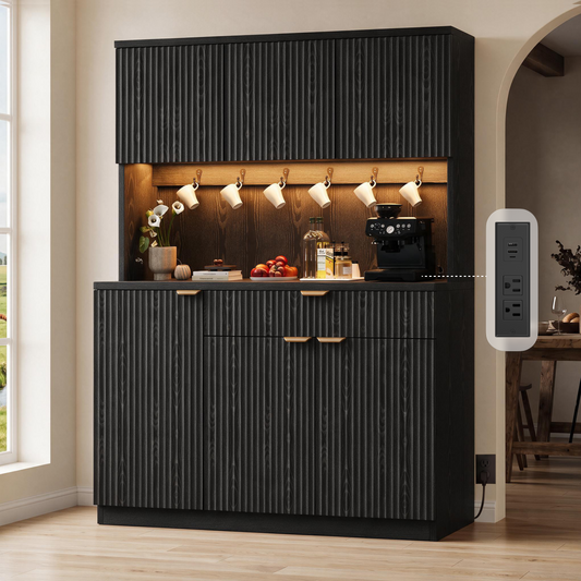 HiJob 71" Tall Fluted Kitchen Pantry Cabinet with Microwave Shelf,Black,3 door