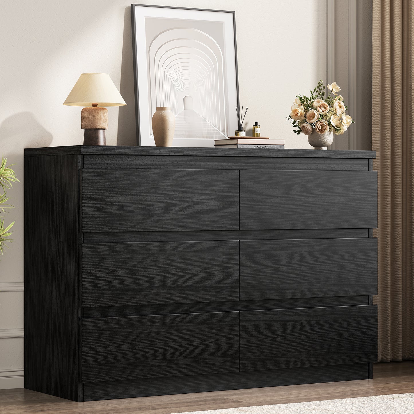Hijob 6-Drawer Dresser, Modern Dresser 47.3" W x 15.4" D x 32.3" H Sturdy Simply Chest of Drawers, Handle-Free Storage Organizer and Deep Drawers for Bedroom Living Room Entryway, Black