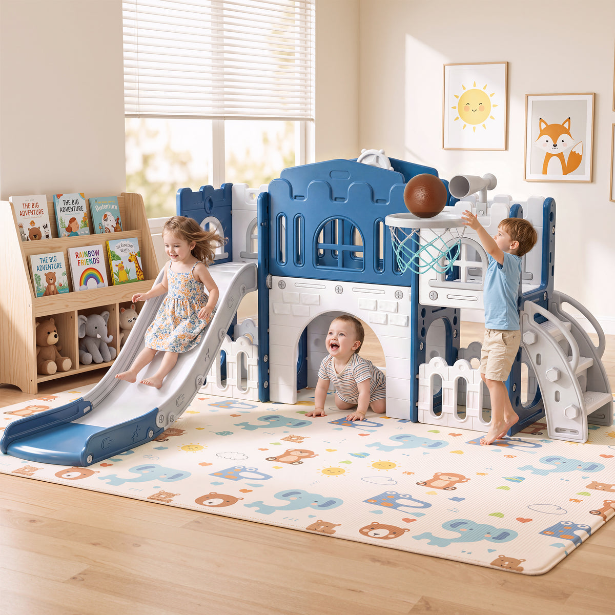 Vipuse 9 in 1 Toddler Slide Playset for Kids Indoor/Outdoor for Toddlers Age 1+, Blue & Gray