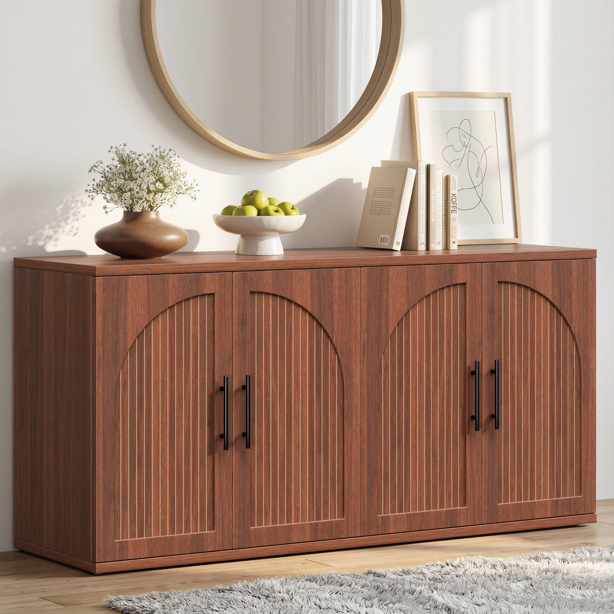Hijob 63" Width Sideboard with Arched Grooved 4 Doors, Buffet Cabinet Adjustable Shelves for Entryway, Living Room and Dining Room, Walnut