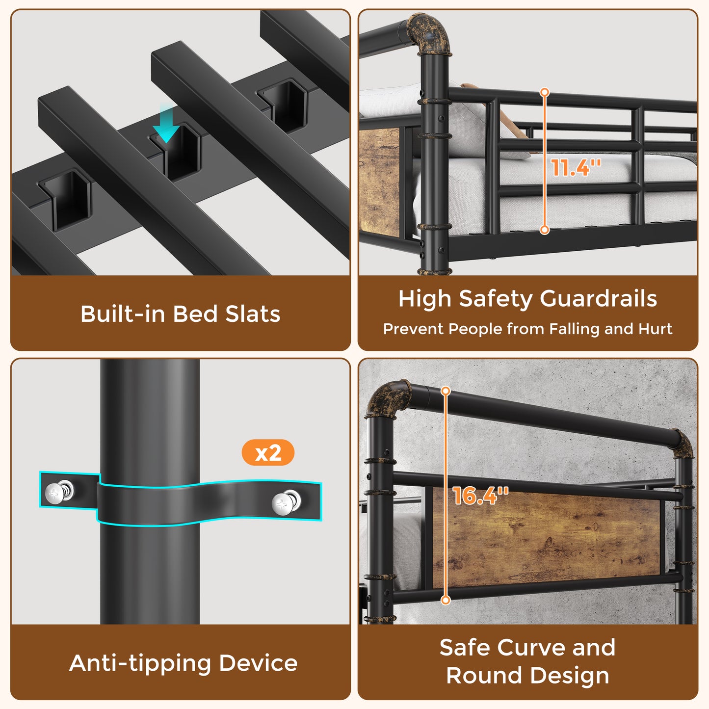 Hijob Twin over Twin Bunk Bed(Convertible into 2 Seperate Beds),Antique Heavy Duty Metal Bed Frame with Storage Bag&Hooks for Adults Teens,Black&Brown