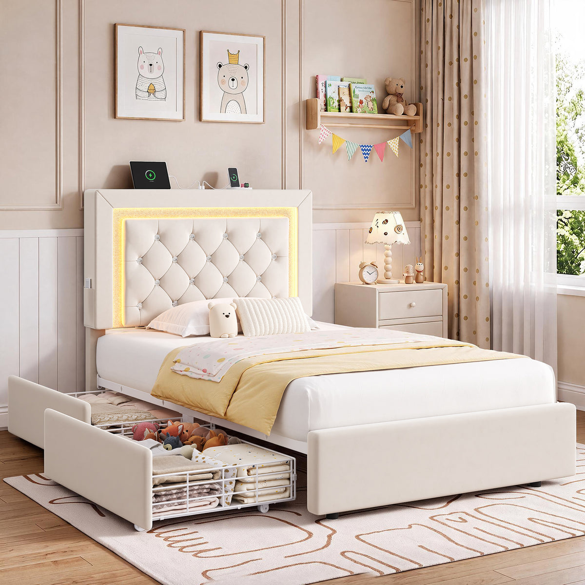 Hijob Twin Size LED Bed Frame with Storage Drawers, Velvet Upholstered Platform Bed with Adjustable Headboard, Built in Charging Station, Beige
