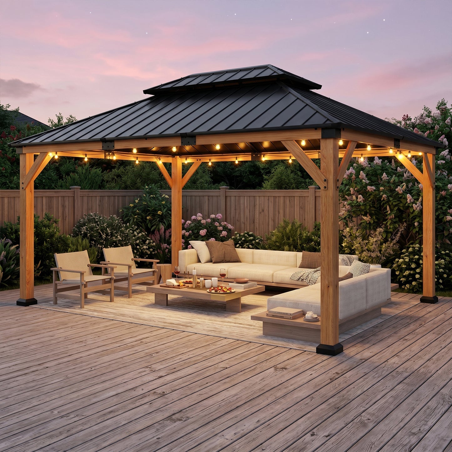 Cocosity 16FT(L) x 12FT(W) x 9.5FT(H) Outdoor Wood Gazebo, Hardtop Gazebo Permanent Wooden Pavilion with Galvanized Steel Double, Roof Snow Support for Patio, Garden, Deck, Cedar Wood