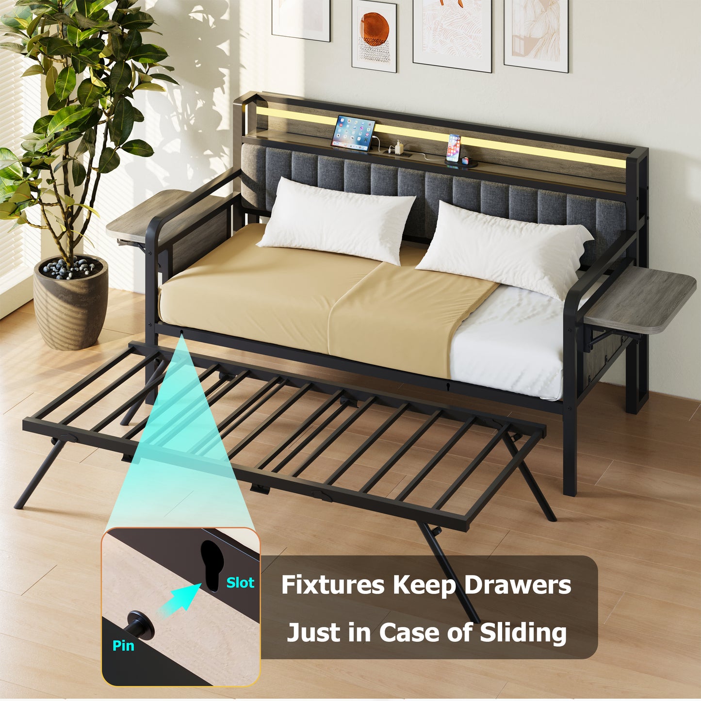 Hijob Twin to King Daybed with Side Table, Heavy Duty Metal Bed Frame with Pop Up Trundle, LED Lights Charging Station Upholstered Storage Headboard, Twin Sofa Bed for Living Room Guest Room, Gray