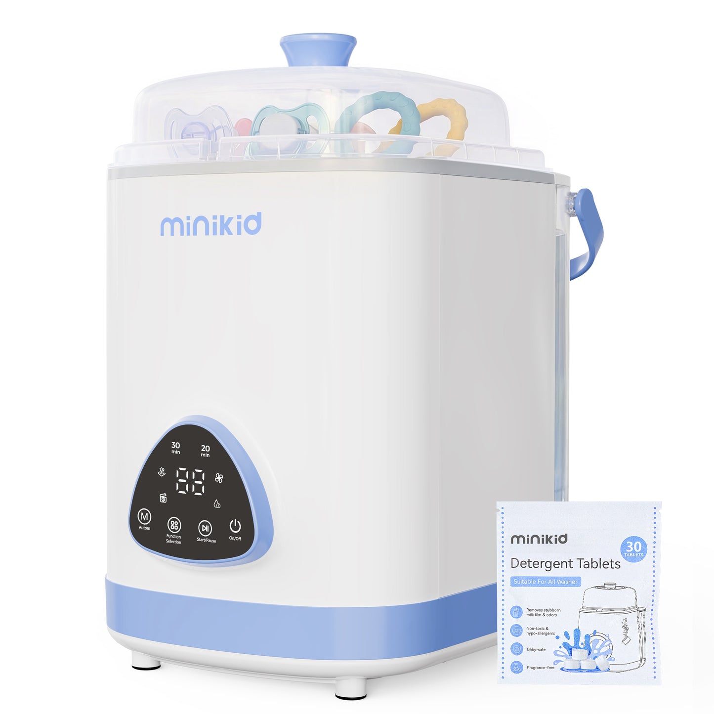Minikid Baby Bottle Washer, Sterilizer & Dryer, All-in-One Cleaning Machine for Bottles, Pump Parts & Baby Essentials, Includes 30 Detergent Tablets