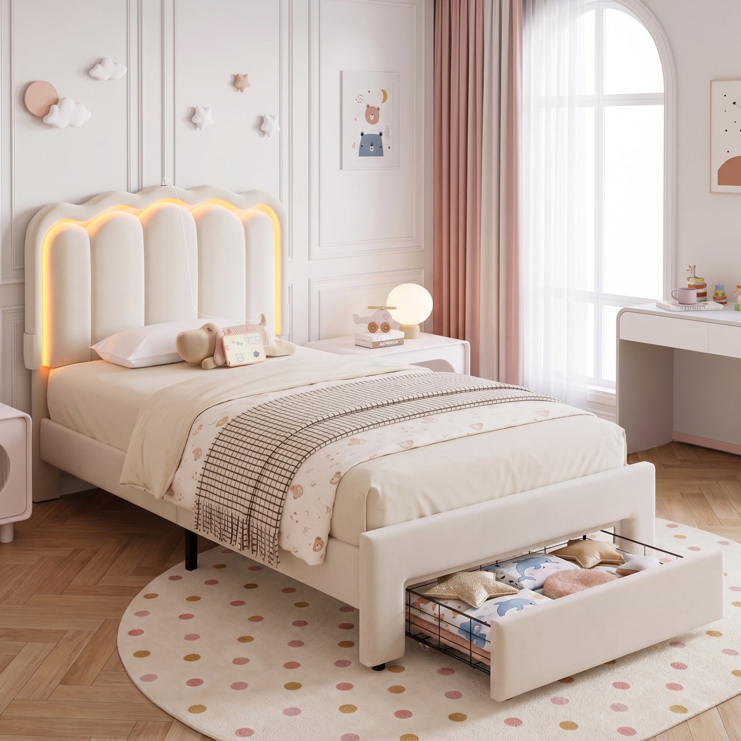 Hijob Twin Size LED Bed Frame for Girls/Kids with Storage Drawers, Velvet Upholstered Platform Bed with Adjustable Headboard, No Box Spring Needed, Beige
