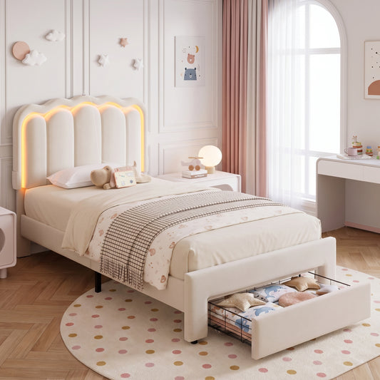 Hijob Twin Size LED Bed Frame for Girls/Kids with Storage Drawers, Velvet Upholstered Platform Bed with Adjustable Headboard, No Box Spring Needed, Beige