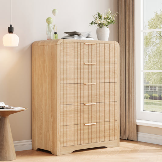 Anyact Modern 5 Drawers Dresser for Bedroom, 42" Tall Dressers with Metal Handle w/Curved Profile Design, Wood Mid Century Vertical Dresser w/Natural Texture for Bedroom, Living Room, Natural Oak