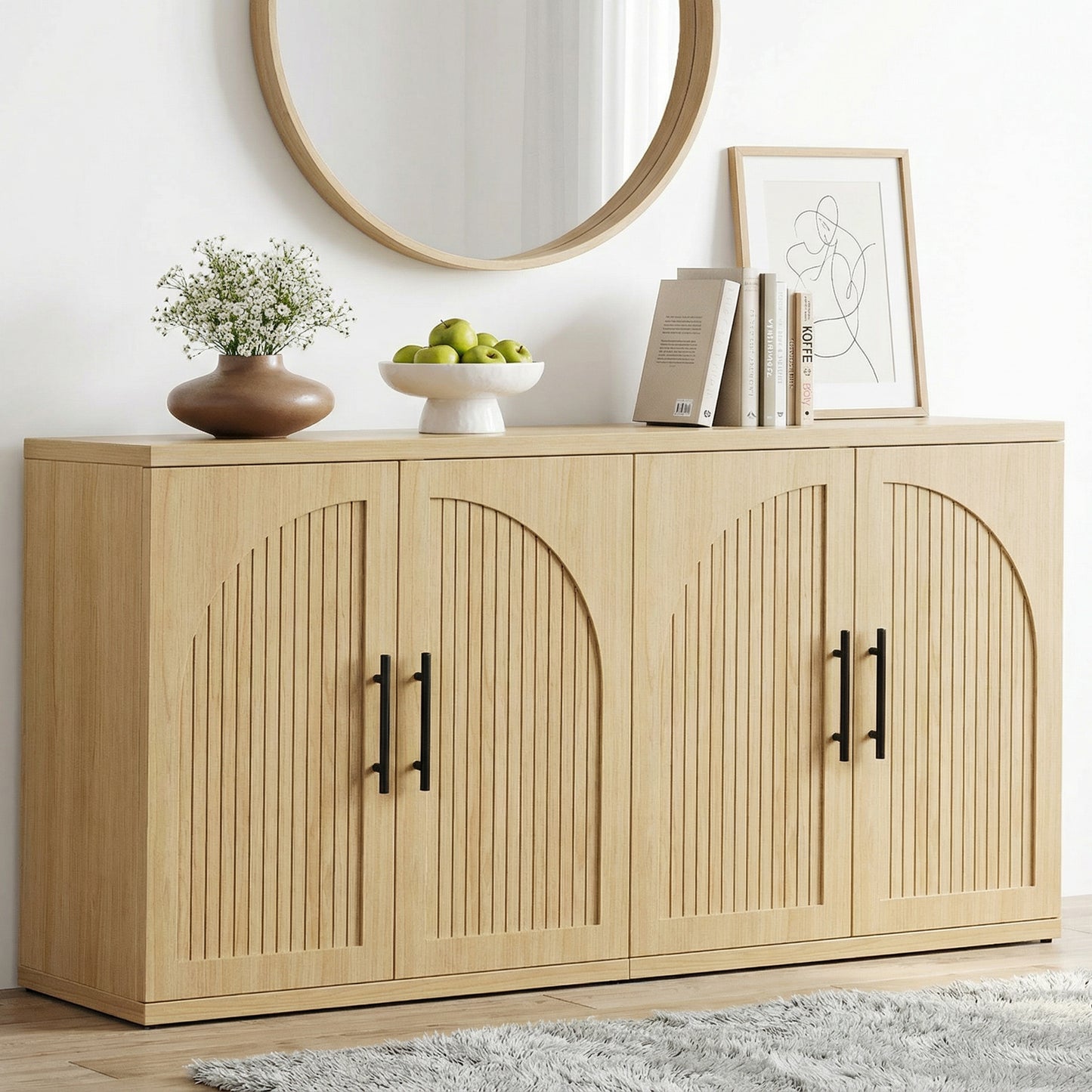 Hijob Modern Fluted Sideboard Cabinet, 63" Long Dressers with Metal Handle w/Curved Profile Design, Wood Mid Century Dresser w/Double-Layered for Living Room, Natural Oak