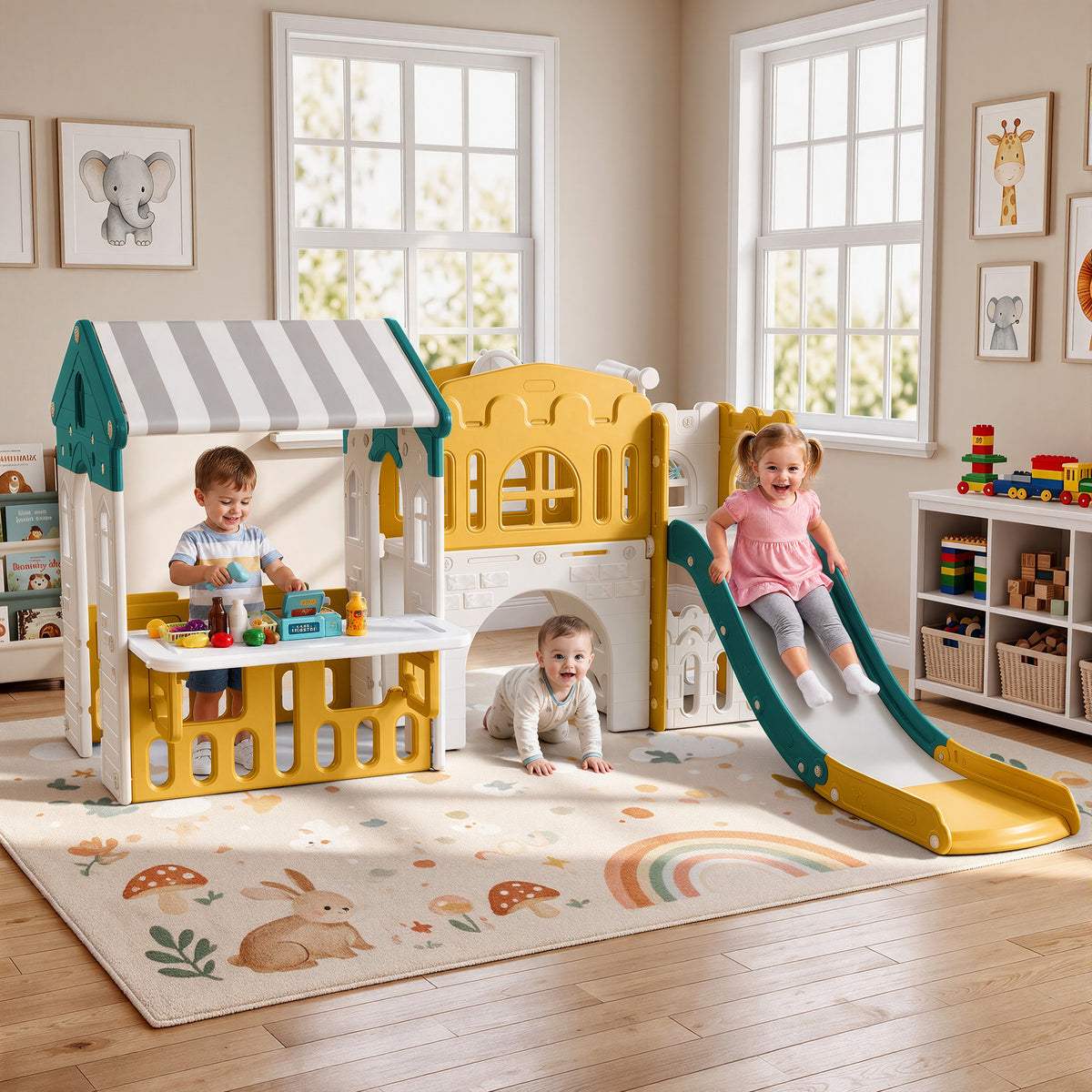 Vipuse Playhouse Playsets with Slide, 9 in 1 Playground Toddler Slide for Indoor Outdoor Backyard,Yellow & Green