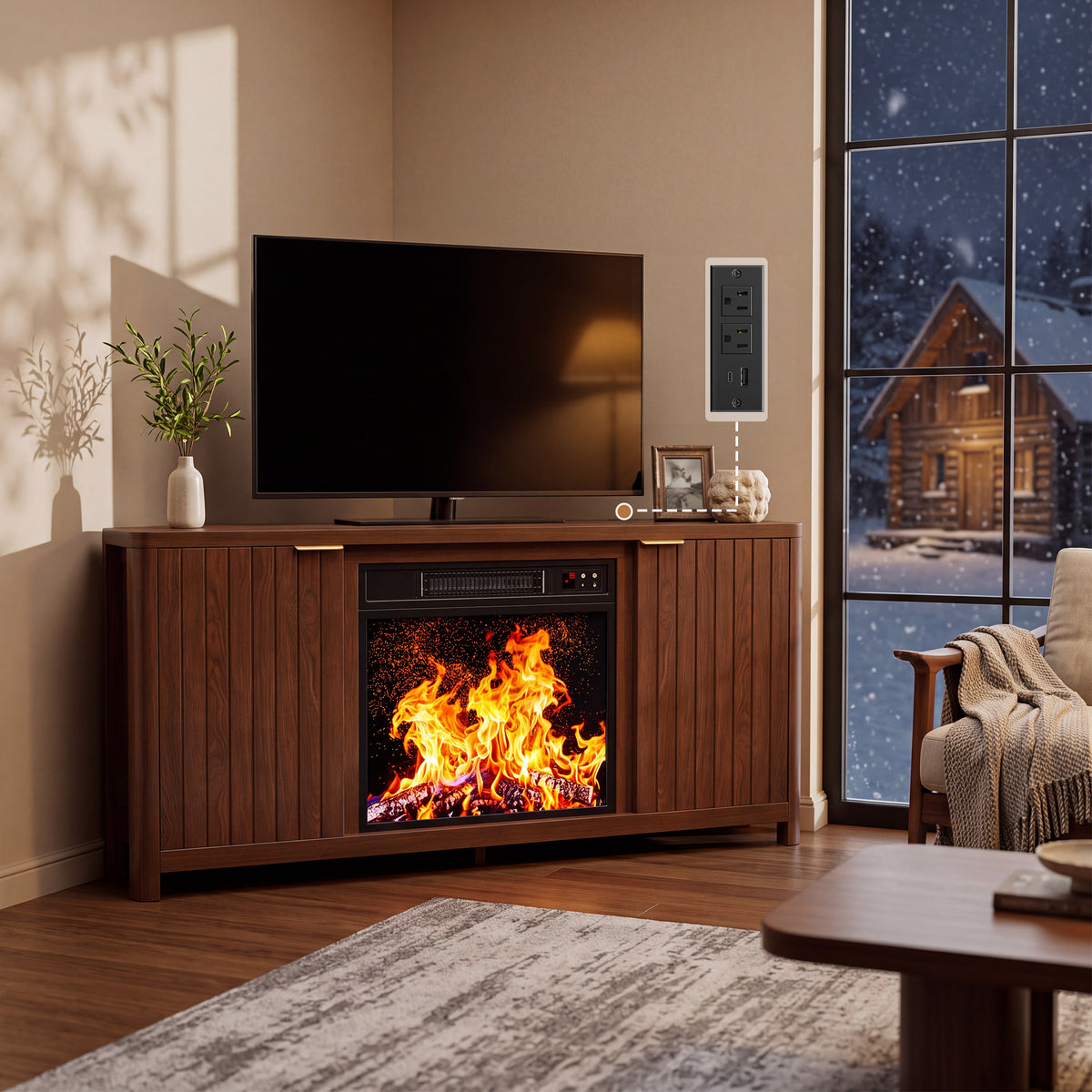HiJob Electric Fireplace TV Stand with 18" Fireplace for 65" TVs, Holds up to 330 lbs, Corner Fireplace Entertainment Center with Charging Station, Walnut