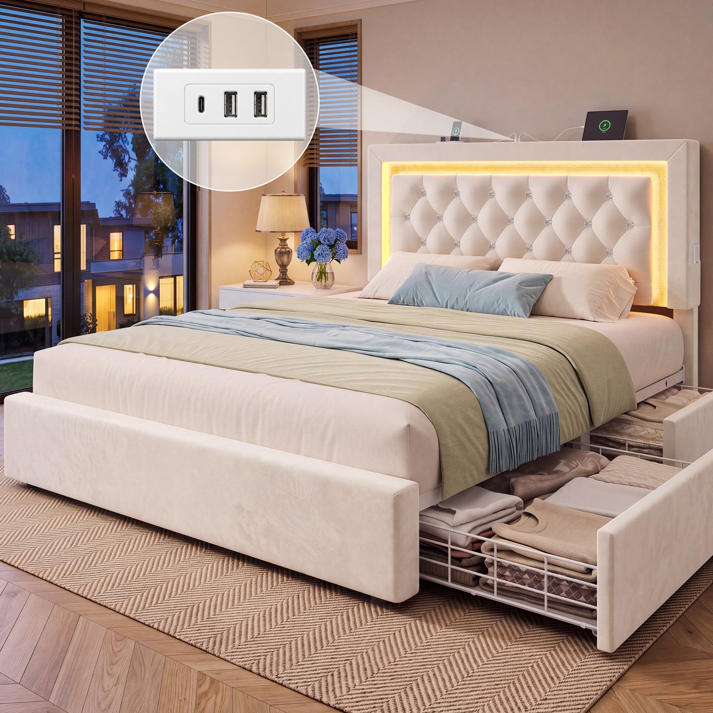 Hijob Queen Bed Frame with Headboard, Beige Velvet Tufted Headboard and 2 Storage Drawers, No Box Spring Needed, Built in Charging Station & LED Lights, Light Beige
