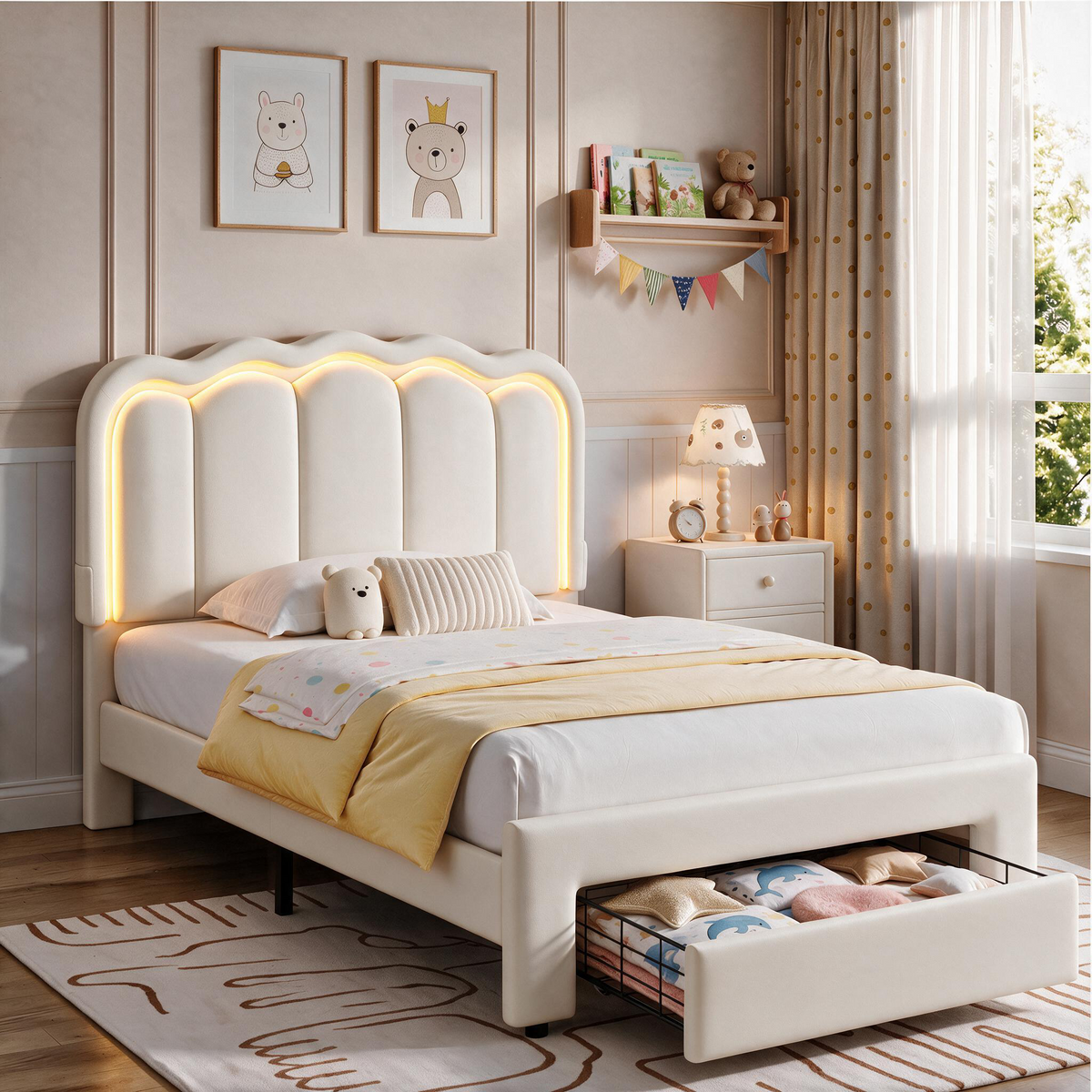 Hijob Twin Size LED Bed Frame for Girls/Kids with Storage Drawers, Velvet Upholstered Platform Bed with Adjustable Headboard, No Box Spring Needed, Beige