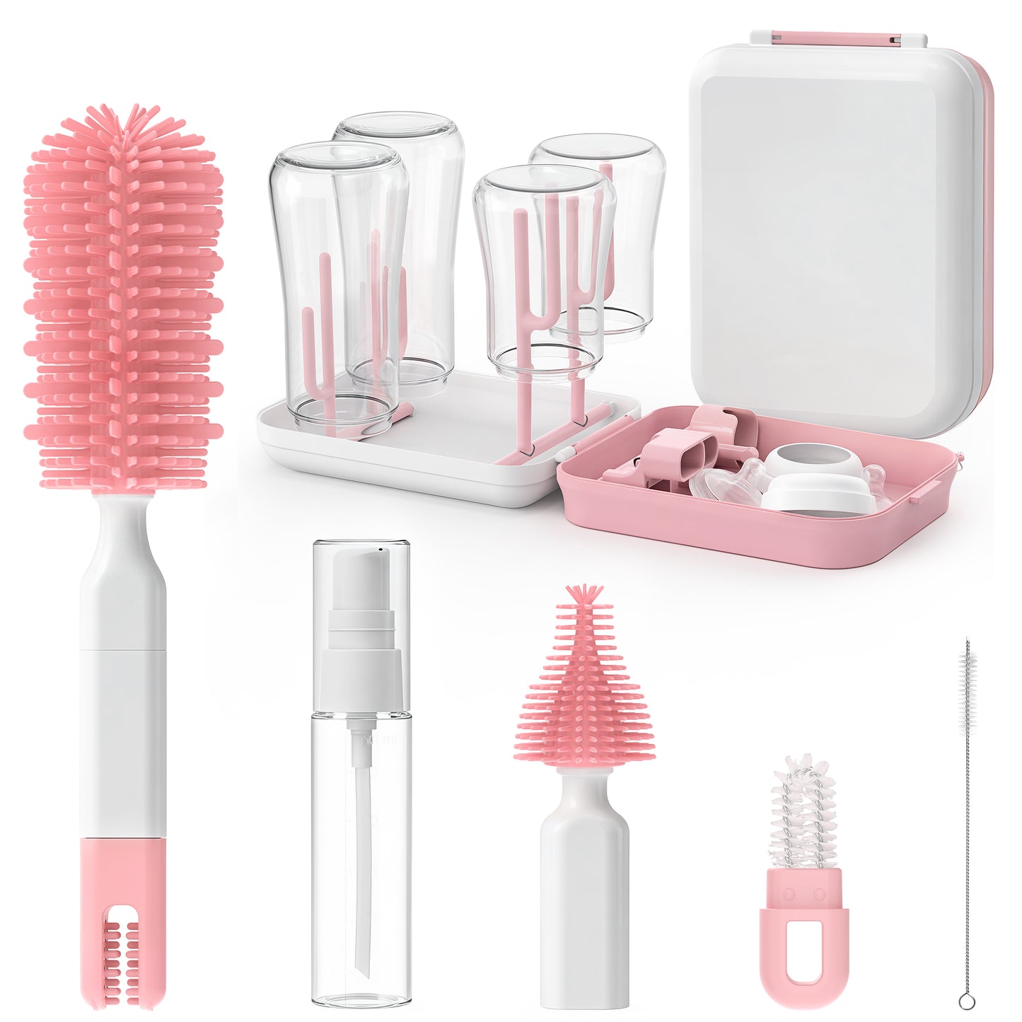 Minikid Baby Bottle Brush Set, 9-in-1 Portable Travel Bottle Cleaning Kit, BPA-free, Compact Travel Baby Essential for Home & On The Go, Pink