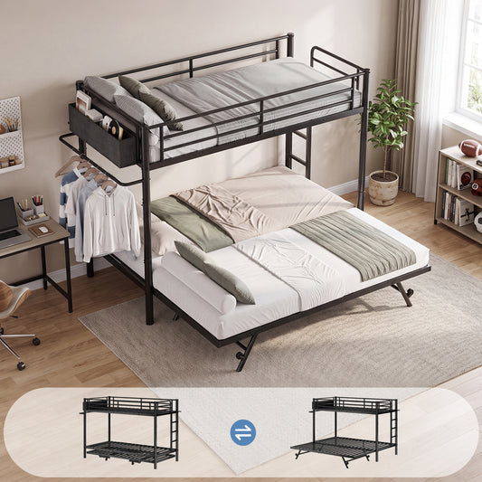 HiJob Triple Bunk Bed Frame with Trundle, Heavy Duty Twin Over Twin Metal Bunk Bed Converts to King with Storage Shelf