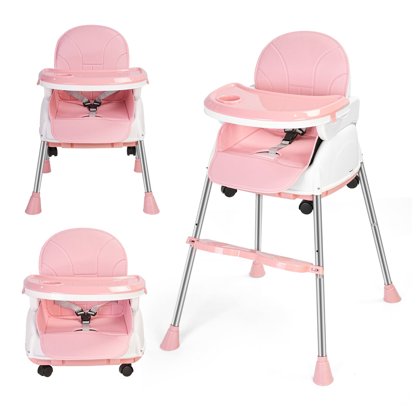 Welbabel Baby High Chair,5-in-1 Convertible Highchair for Babies and Toddlers with 3-Point Seat Belt,Double-layer Dinner Plate,Baby Seat for Walk,Pink