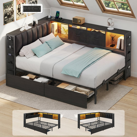 HiJob Full Corner Bed Frame with Upholstered Storage Headboard, 2 Large Storage Drawers