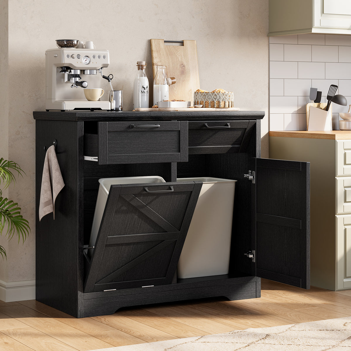 Hijob Tilt Out Cabinet, Freestanding Modern Buffet Cabinet Sideboard Coffee Bar and Kitchen Sideboard, 2 x 10 Gallon Capacity(No Include Barrel)