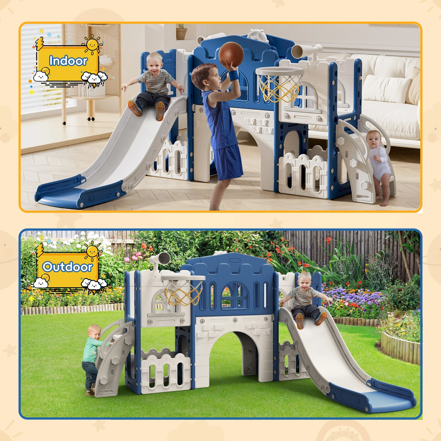 WFUN 9 in 1 Toddler Slide PlaySet for kids indoor/outdoor for Toddlers Age 1+, Blue & Gray