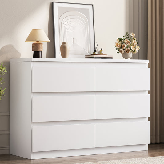 Hijob 6-Drawer Dresser, Modern White Dresser 47.3" Wide Sturdy Simply Chest of Drawers, Handle-Free Storage Organizer and Deep Drawers for Bedroom Living Room Entryway, White