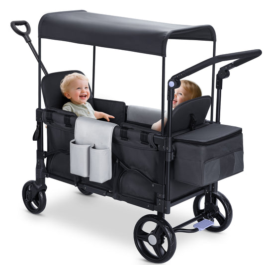 Minikid Stroller Wagon for 2 Kids, Baby Wagon Stroller with Adjustable Handle for Infants and Toddlers Includes Canopy & Organizer, Foldable and Convenient for Storage