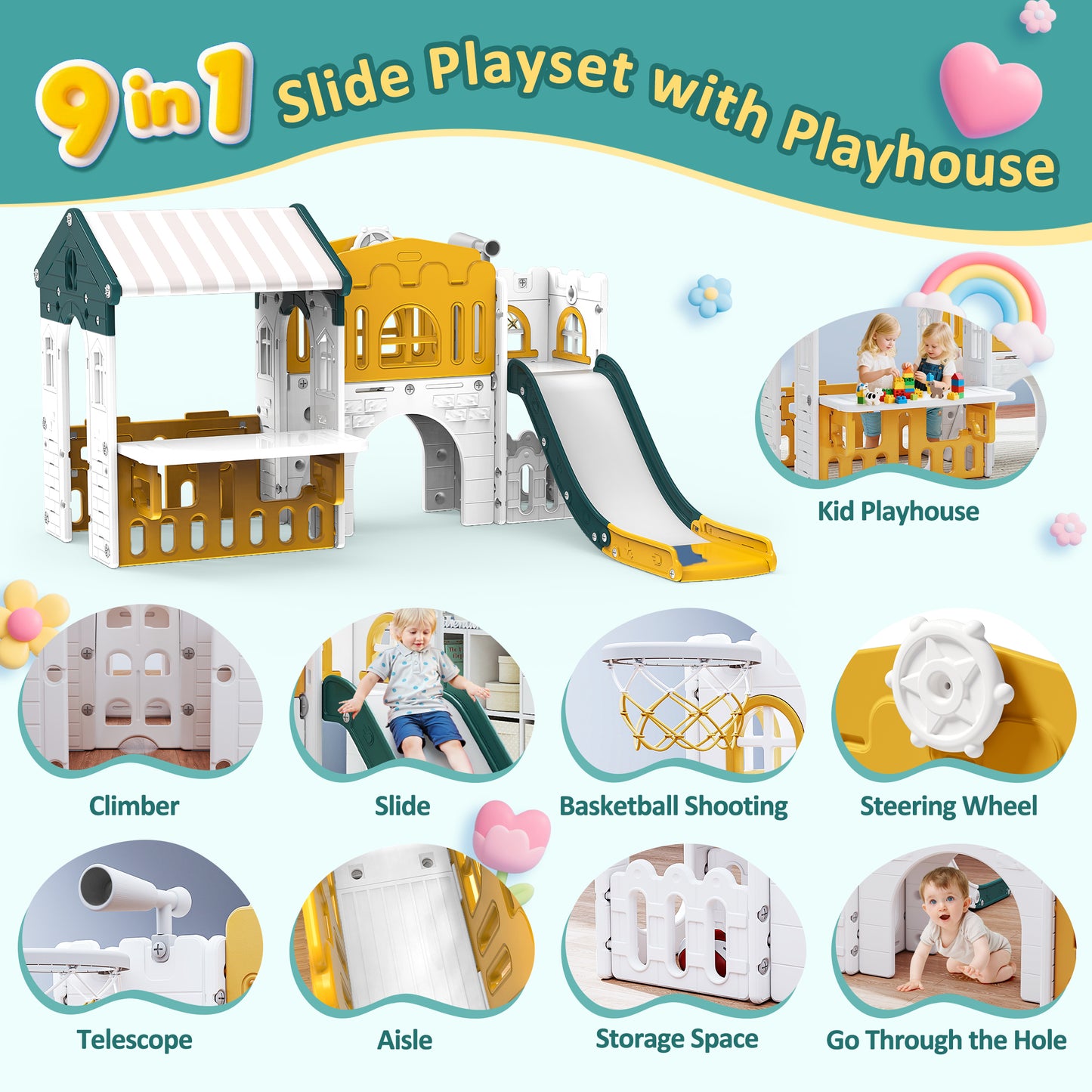 Vipuse Playhouse Playsets with Slide, 9 in 1 Playground Toddler Slide for Indoor Outdoor Backyard,Yellow & Green