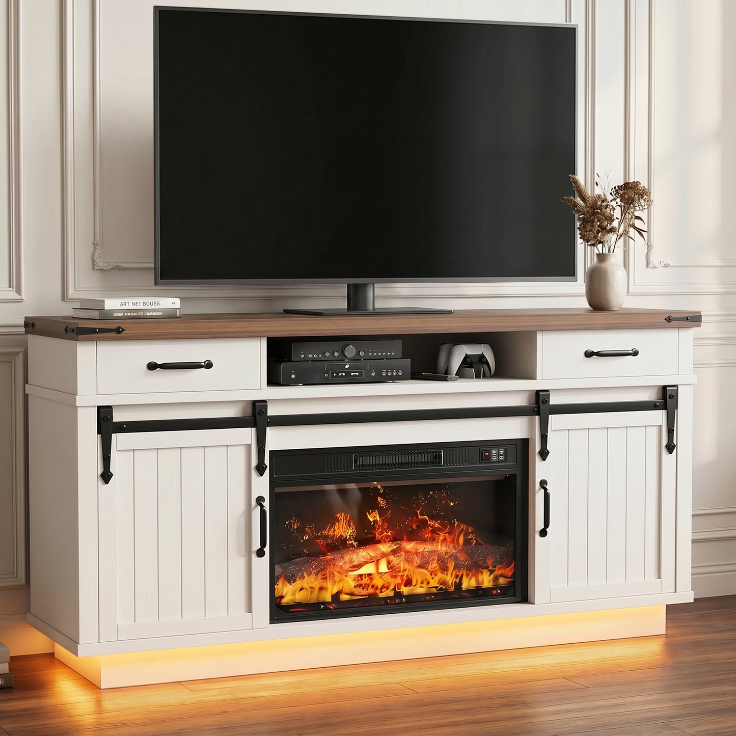 HiJob Electric Fireplace TV Stand for 75″ TVs with 23″ Fireplace, Holds up to 260 lbs