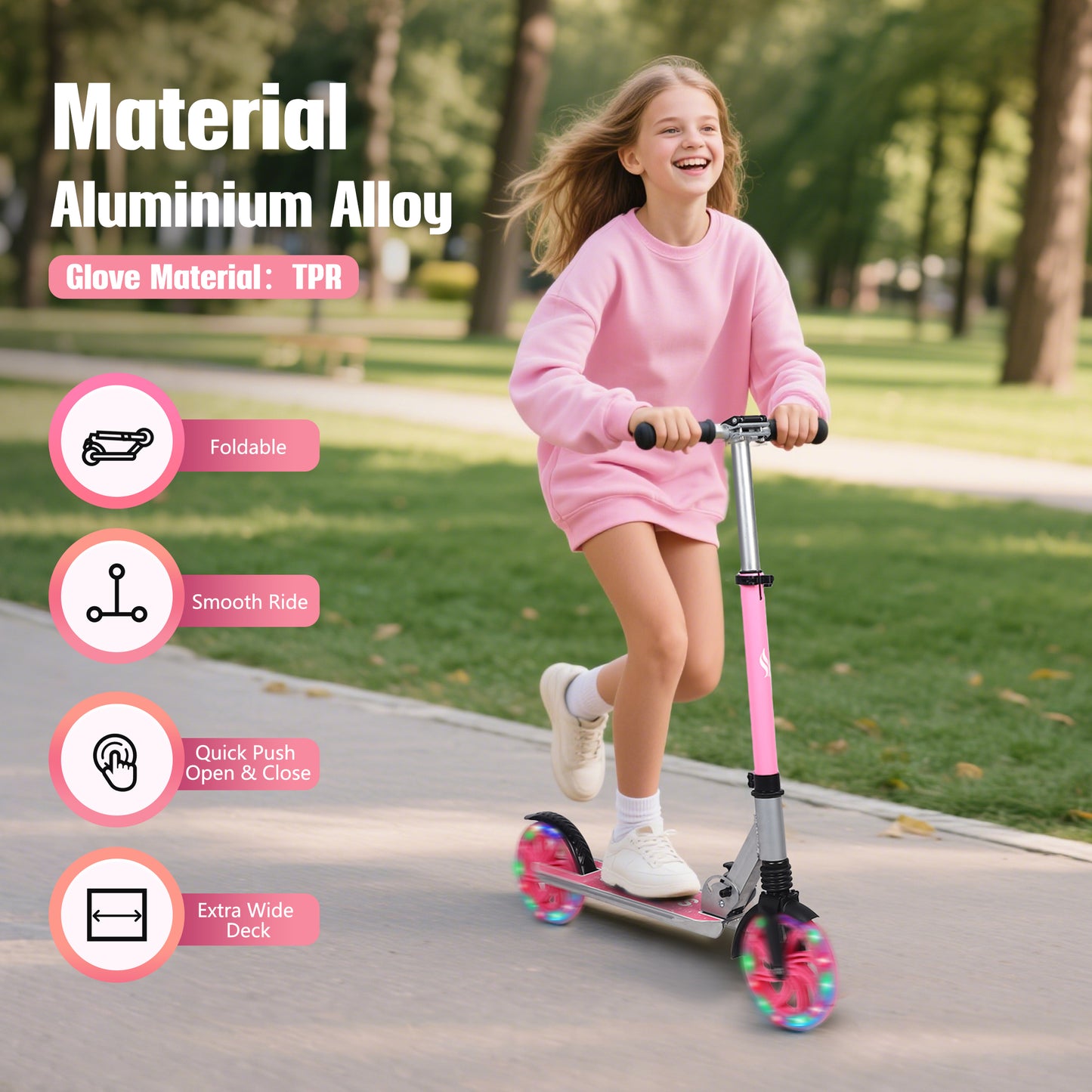 Skyhot Kick Scooter for Ages 6+, Sturdy Wide Deck Rear Brake Scooter for Teens, Pink