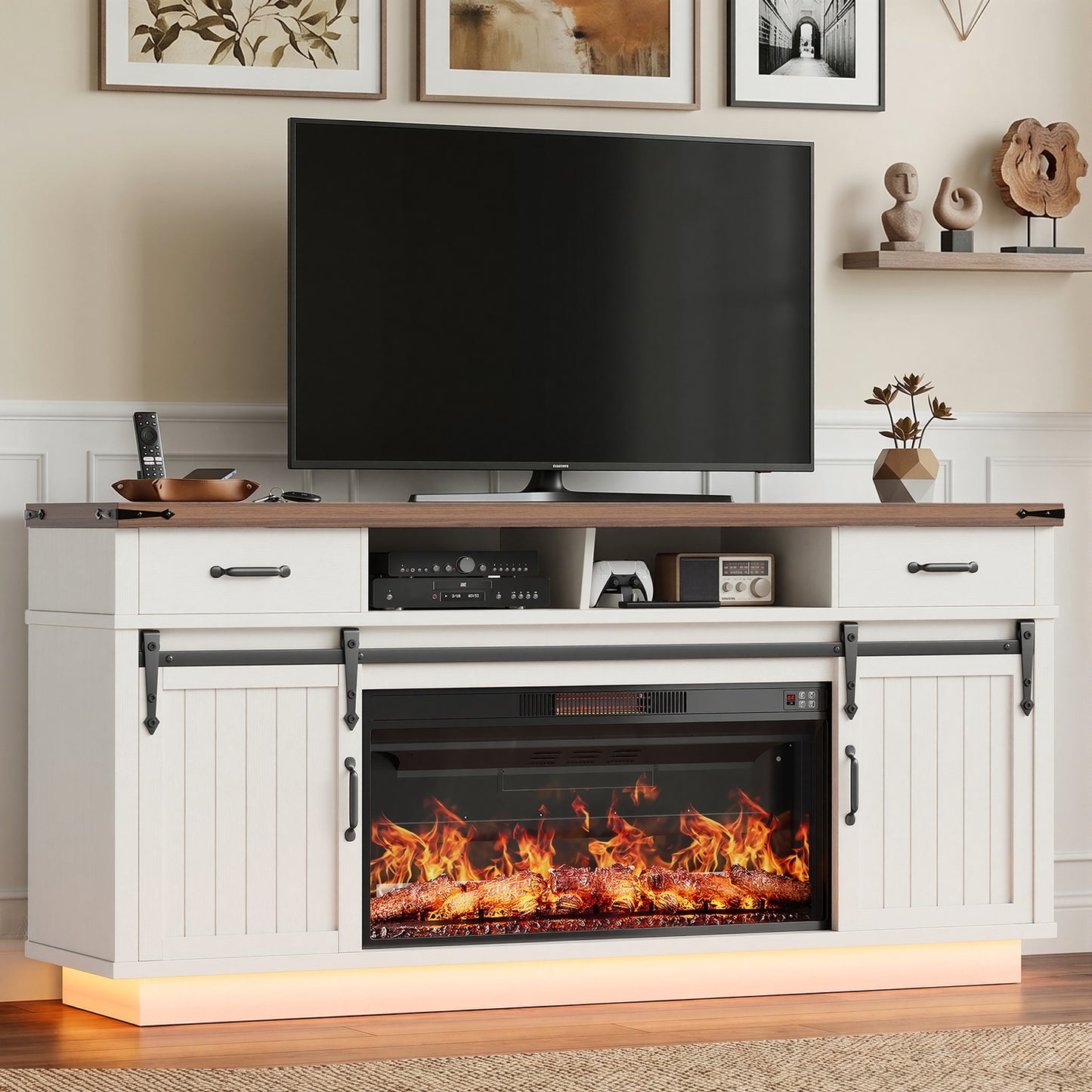 HiJob Electric Fireplace TV Stand for TVs up to 80", 36" Fireplace Farmhouse Entertainment Center with RGB LED Lights