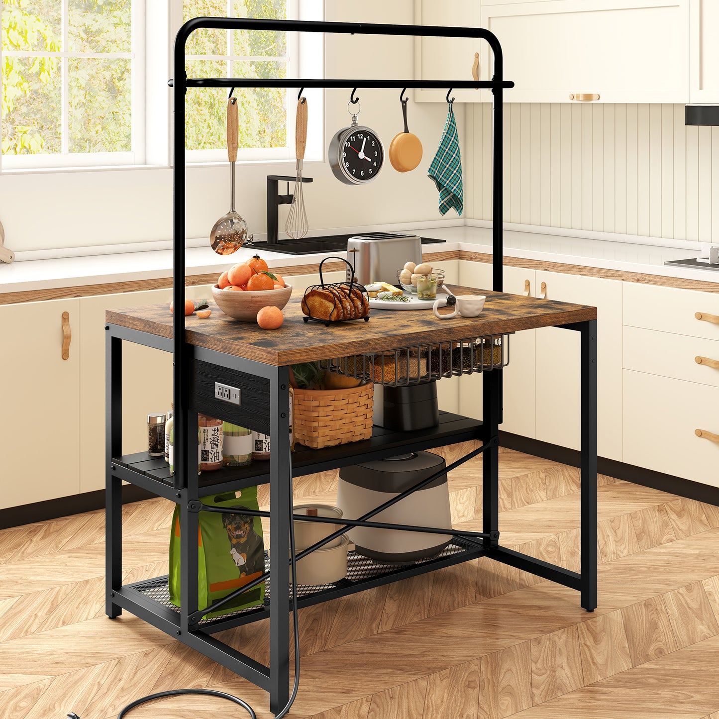 Anyact Kitchen Island with Power Outlet&5 Hooks, Bakers Rack with Storage,Industrial Coffee Bar Table for Kitchen Dining Living Room(Vintage Brown)